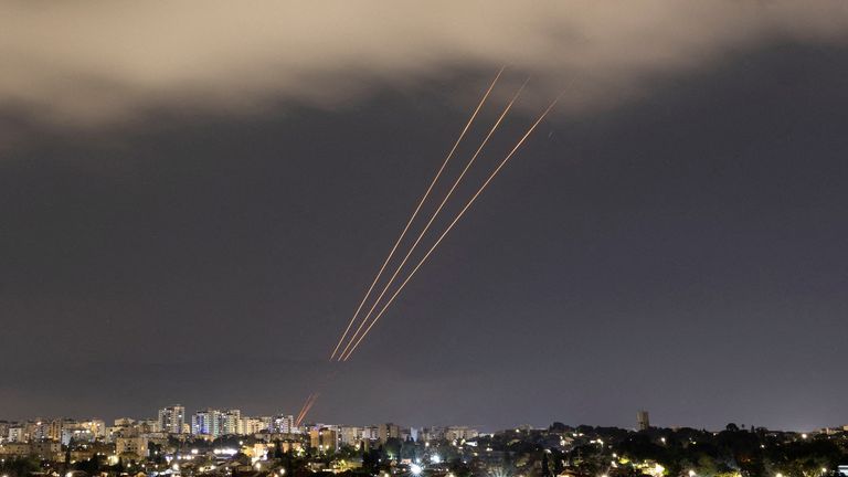 An anti-missile system in action after Iran launched drones and missiles towards Israel. Pic: Reuters