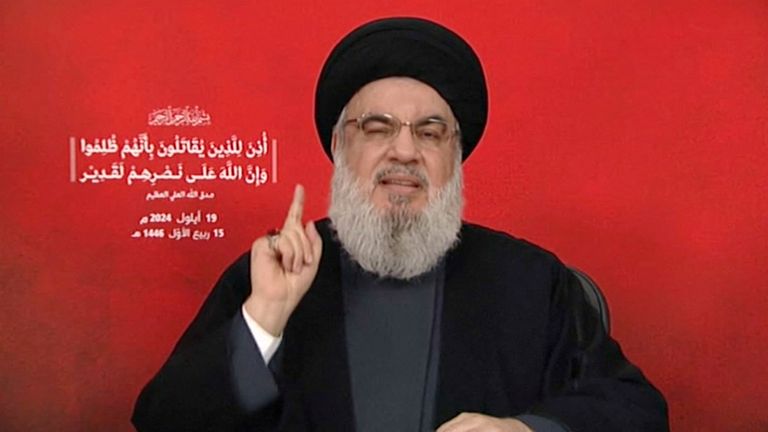 Hezbollah leader Sayyed Hassan Nasrallah gives a televised address, Lebanon, September 19, 2024, in this screenshot taken from a video. Al-Manar TV via REUTERS THIS IMAGE HAS BEEN SUPPLIED BY A THIRD PARTY. NO RESALES. NO ARCHIVES