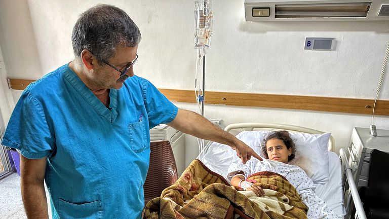 Lebanese girl Mariam, age 9,  at a hospital in southern Lebanon. From Alex Crawford report. With Dr Abdul Nasser. Note: she is not naming the hospital or its location for safety reasons