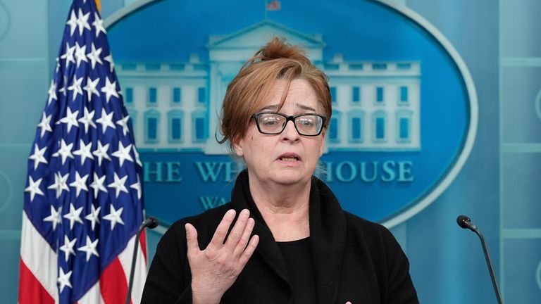 Patty Morin, mother of Rachel Morin, speaks during a briefing with White House press secretary Karoline Leavitt.
Pic: AP