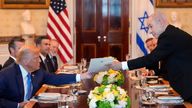 Benjamin Netanyahu showed President Trump the Nobel nomination letter. Pic: AP