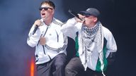 Mo Chara and Moglai Bap of Kneecap performing on the West Holts Stage during the Glastonbury Festival. Pic: PA